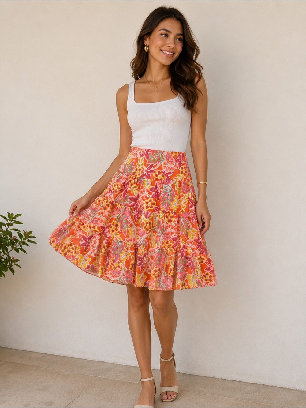 ✨Chaps Multi Coral Floral Skirt Size L